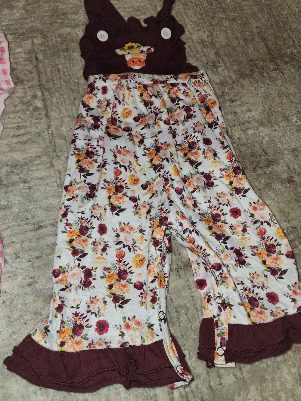 Brown Floral Ruffle Overalls/ Black/white Cowprint for Girls - Cute Fall♡ - Picture 3 of 5